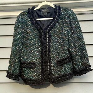 St. John Couture Tweed Fringe Cropped Jacket Green Sz 14 Suit Blazer